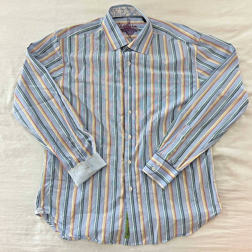 Robert Graham Mens XL Shirt Long Sleeve Flip Cuff Striped Multicolor Cotton - Picture 3 of 10